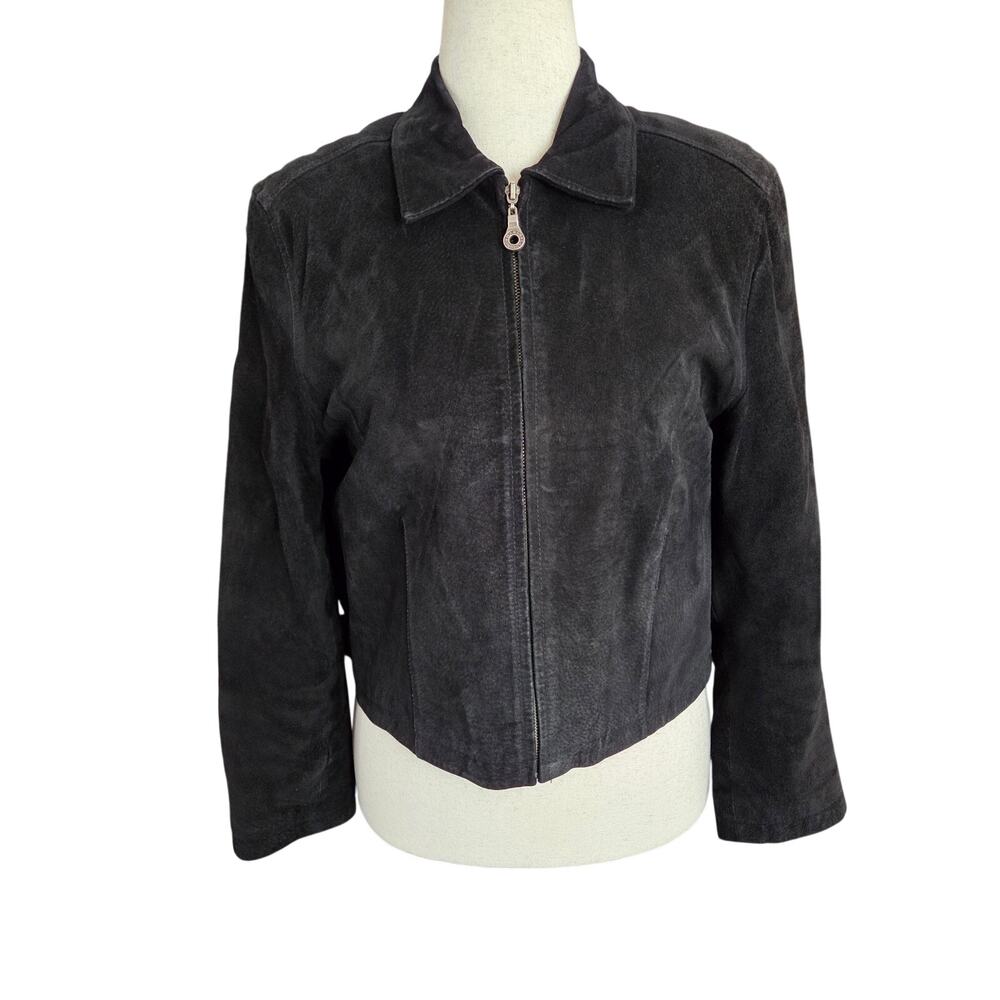 Vintage Petite Black Suede Cropped Leather Jacket Large Moto Classic Streetwear